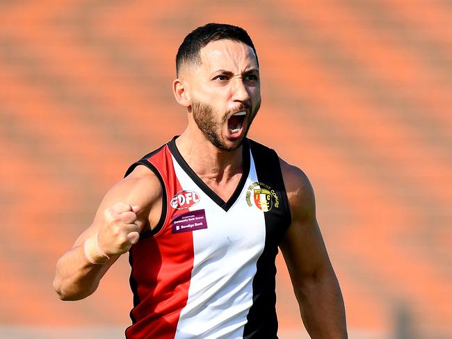 Ahmed Hamdan of West Coburg celebrates kicking a goal during the round two EDFL Strathmore Community Bank Division One Seniors match between West Coburg and Hillside at Shore Reserve, on April 20, 2024, in Melbourne, Australia. (Photo by Josh Chadwick)