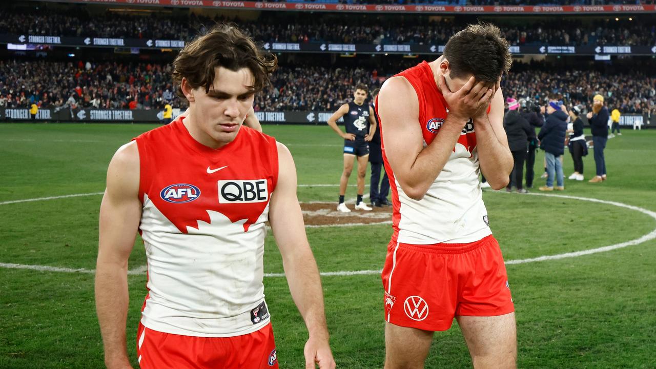 Errol Gulden and Logan McDonald of the Swans. Picture: Michael Willson/AFL Photos via Getty Images