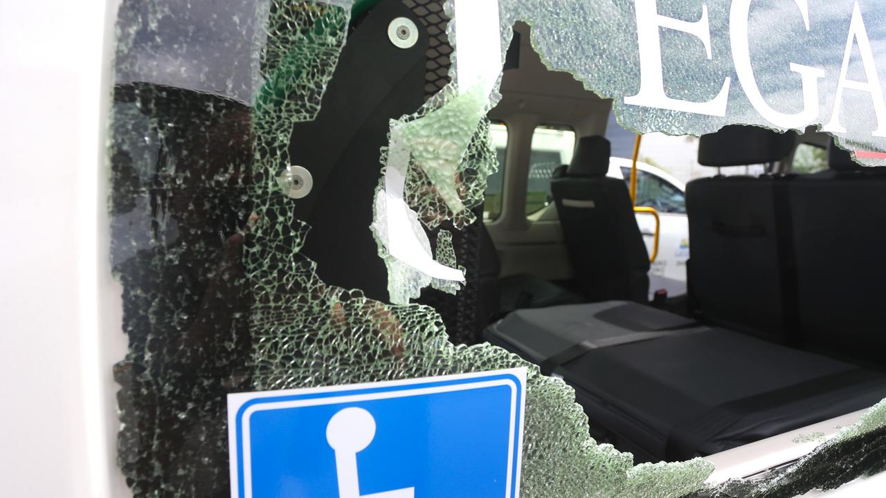 The smashed back window of a Cairns Taxi targeted on Sheridan St on Tuesday night, August 27. Picture: Peter Carruthers