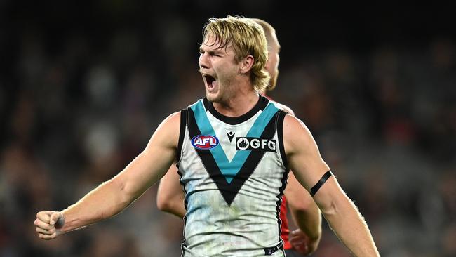 MELBOURNE, AUSTRALIA - APRIL 28: Jason Horne-Francis of the Power celebrates winning the round seven AFL match between St Kilda Saints and Port Adelaide Power at Marvel Stadium, on April 28, 2023, in Melbourne, Australia. (Photo by Quinn Rooney/Getty Images)