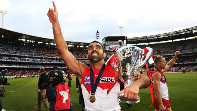 Adam Goodes celebrates Sydney’s 2012 premiership. Picture: Phil Hillyard