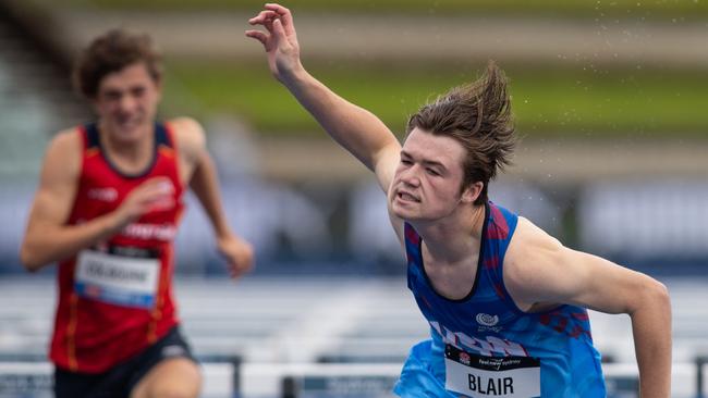 Billy Blair from Rozelle winning gold in the hurdles.