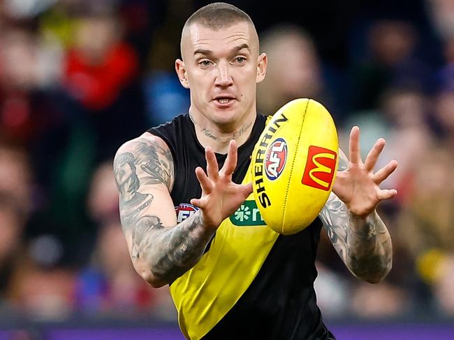 MELBOURNE, AUSTRALIA - JULY 30: Dustin Martin of the Tigers in action during the 2023 AFL Round 20 match between the Richmond Tigers and the Melbourne Demons at Melbourne Cricket Ground on July 30, 2023 in Melbourne, Australia. (Photo by Dylan Burns/AFL Photos via Getty Images)