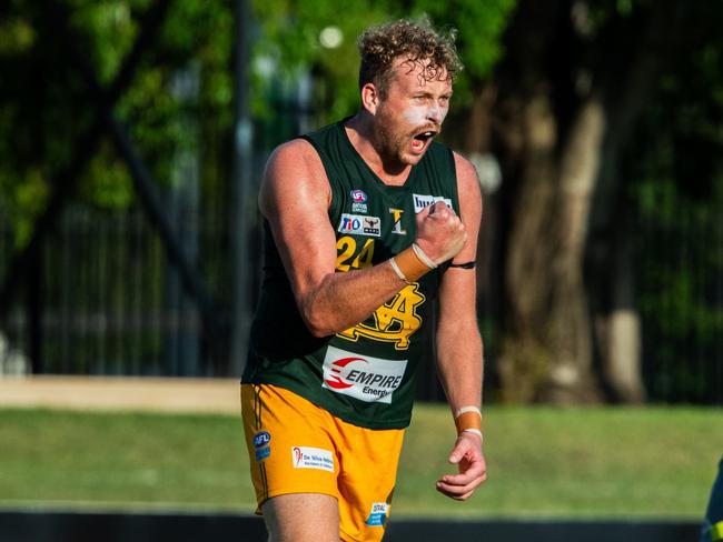 Jackson Calder celebrating a goal for St Mary's against the Tiwi Bombers in Round 6 of the 2024-25 NTFL season. Picture: Pema Tamang Pakhrin