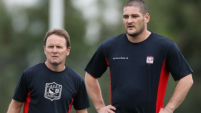 New South Adelaide coach Brad Gotch with former AFL superstar Brendan Fevola during his stint as coach of Casey Scorpions.