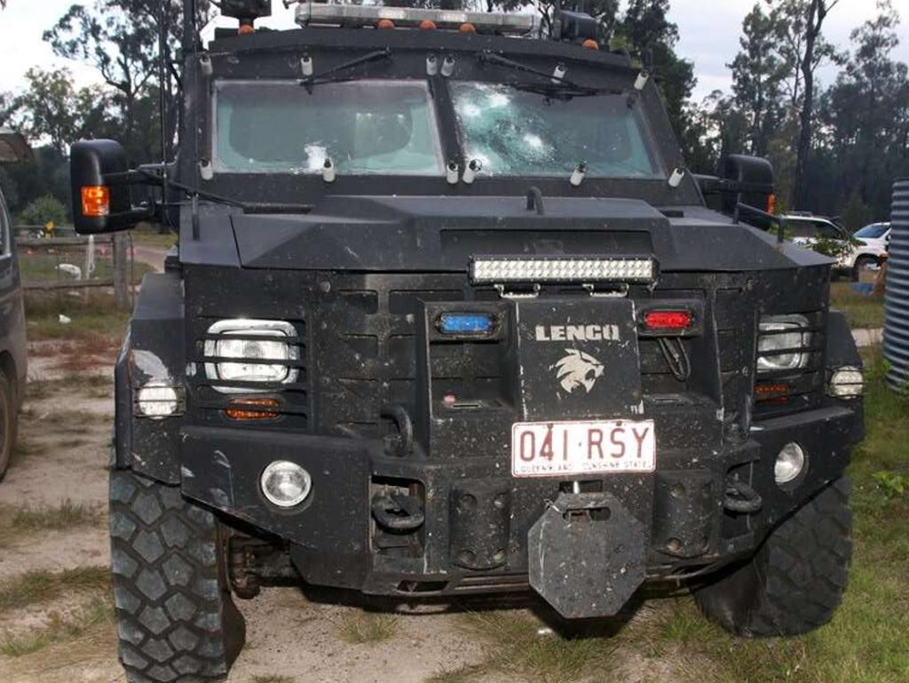 A Queensland Police SERT BearCat vehicle with multiple gunshots to the windshield after the vehicle was sent into the property.