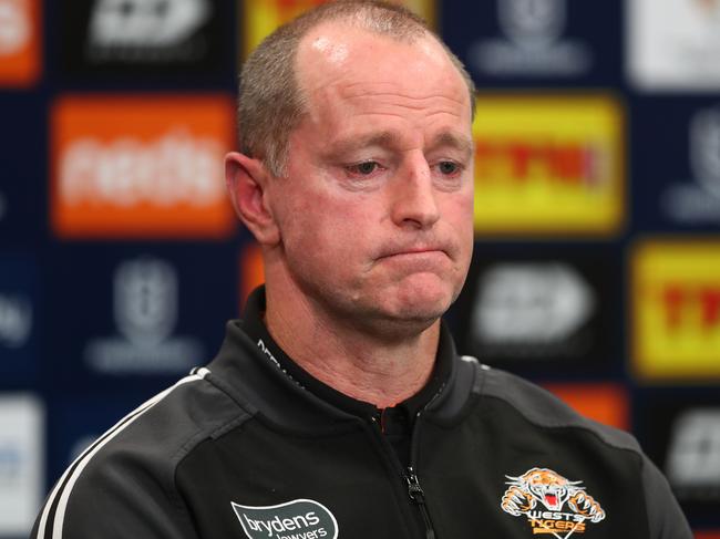 BRISBANE, AUSTRALIA - JUNE 07: Wests Tigers Head Coach Michael Maguire speaks to media after the round four NRL match between the Gold Coast Titans and the Wests Tigers at Suncorp Stadium on June 07, 2020 in Brisbane, Australia. (Photo by Chris Hyde/Getty Images)