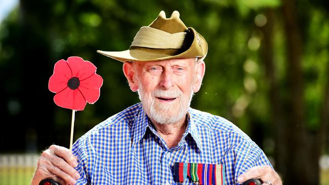 WWII Veteran Donald McDonald will spend this years Anzac Day on his driveway. Picture: Alix Sweeney