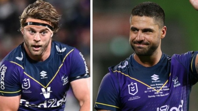 Christian Welch and Jesse Bromwich are set to captain the Storm this season. Pictures: Getty/NRL Photos