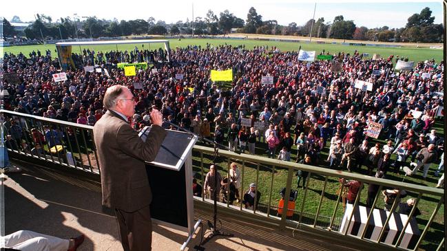 The Port Arthur massacre became Australia’s catalyst for gun reform. Here Prime Minister John Howard is pictured speaking to a pro-gun rally in Sale.