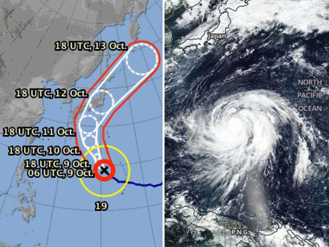 The current position and projected path of Typhoon Hagibis is shown (left) in images from the Japan Meteorological Agency. Right: NASA Earthdata shows Typhoon Hagibis' position yesterday. Pictures: Supplied