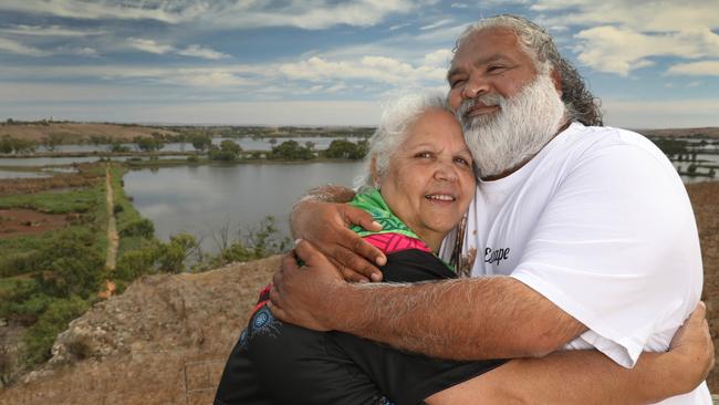 Ngarridnjeri Elder, Aunty Eunice Aston at Murray Bridge, overlooking the Murray, with her son Gordon Rigney. Picture: Dean Martin