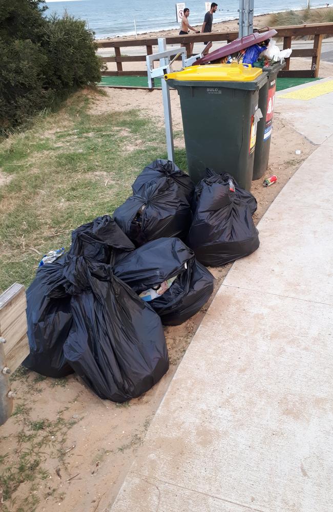 Surf Coast residents have voiced their frustration as public bins in Torquay were overwhelmed with waste on Christmas Day. Picture: Torquay Rubbish Rangers/Facebook