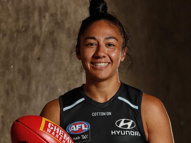 MELBOURNE, AUSTRALIA - DECEMBER 19: Darcy Vescio poses for a photograph during the Carlton Blues AFLW 2019 official team photo day at Ikon Park on December 19, 2018 in Melbourne, Australia. (Photo by Michael Willson/AFL Media)