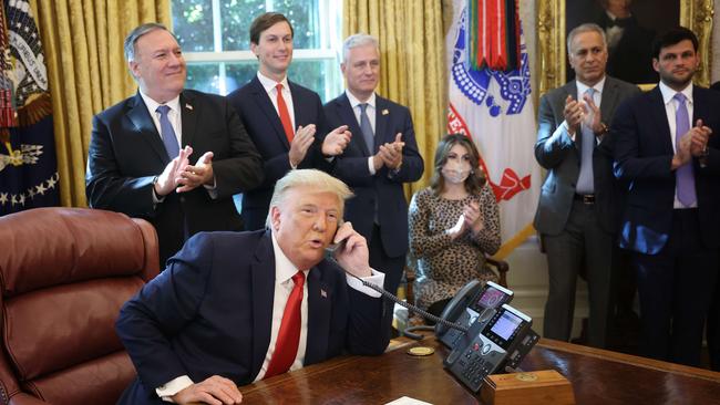 US President Donald Trump speaks with Israeli Prime Minister Benjamin Netanyau on the phone about a Sudan-Israel peace agreement in 2020. Can he help ease the latest conflict in the Middlee East? Picture: Win McNamee/Getty Images/AFP