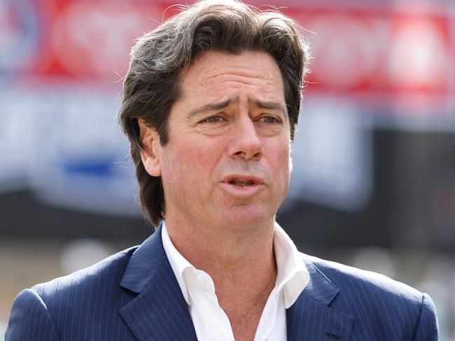 MELBOURNE, AUSTRALIA - SEPTEMBER 27: Gillon McLachlan, Chief Executive Officer of the AFL speaks to the media during the 2023 Grand Final Footy Festival Launch at Melbourne Cricket Ground on September 27, 2023 in Melbourne, Australia. (Photo by Dylan Burns/AFL Photos via Getty Images)