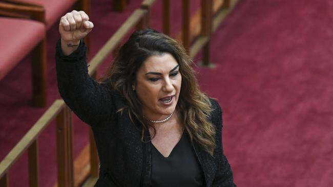 Senator Lidia Thorpe leaving the chamber as the Constitution Alteration for the Aboriginal and Torres Strait Islander Voice passes in the Senate. Picture: Martin Ollman