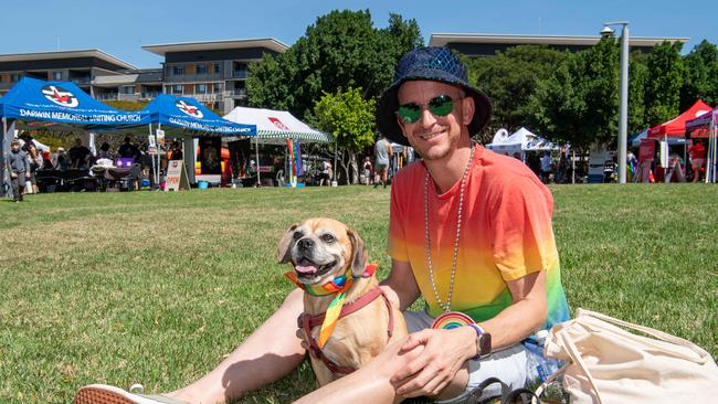 Zara (dog) and Terry Trebilcock as Territorians celebrating all things in 2024 at the Darwin Waterfront. Picture: Pema Tamang Pakhrin