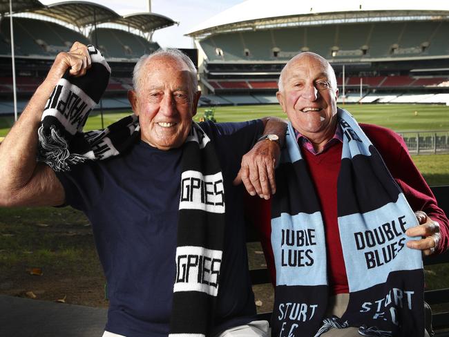 LOOKING BACK: Port Adelaide legend John Cahill and Sturt stalwart John Halbert reminisce about the 1967 Grand Final, which Sturt won by abandoning the long-kicking ethos of the day. Picture: SARAH REED