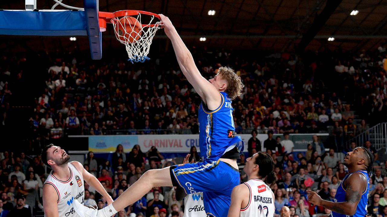 Rocco Zikarsky slams it against the 36ers in the NBL opening round. Picture: Getty