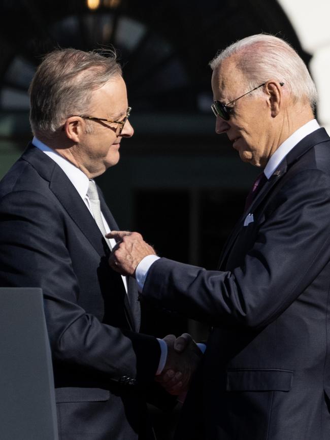 Joe Biden welcomes Anthony Albanese at the White House. Picture: Getty Images