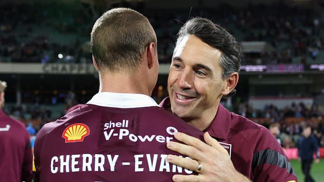 ADELAIDE, AUSTRALIA - MAY 31: Daly Cherry-Evans of the Maroons and Maroons coach Billy Slater celebrate winning game one of the 2023 State of Origin series between the Queensland Maroons and New South Wales Blues at Adelaide Oval on May 31, 2023 in Adelaide, Australia. (Photo by Cameron Spencer/Getty Images)