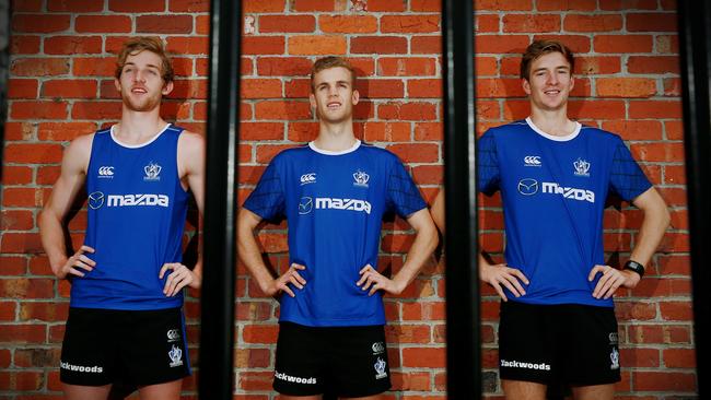 New Kangaroos (left to right) Daniel Nielson, Ed Vickers-Willis and Sam Durdin at Arden Street. Picture: Colleen Petch
