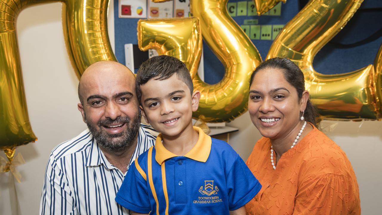 Toowoomba Grammar School Prep student Armaan Jammu with parents Jasvinder and Preet Jammu on the first day of school, Tuesday, January 23, 2024. Picture: Kevin Farmer
