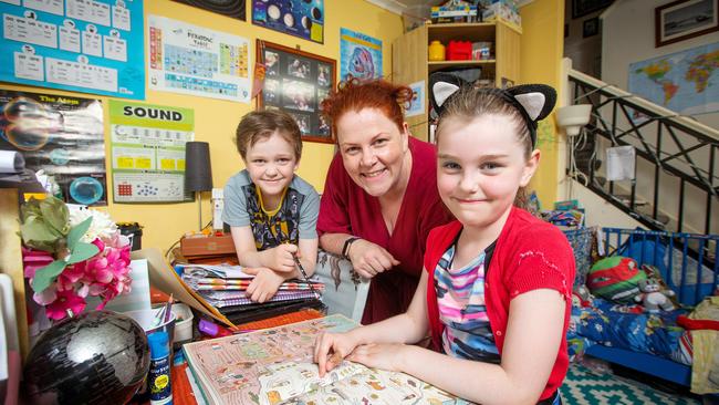 Allison Young homeschools her children Rune Warneminde, 10, and Lexie Young, 8. Picture: Mark Stewart