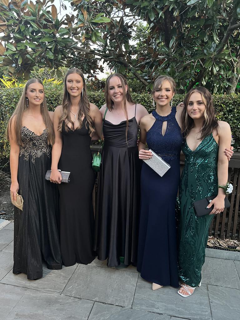 Kate Douglas, Taylah Walshe, Sophie Rynne, Megan Leafe and Hannah Brookfield ready for the Year 12 Chisholm Catholic College Formal at Victoria Park Marquee.