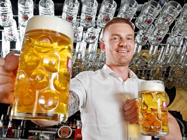 The Bavarian general manager Roman Haslinger poses with German bier during a photo shoot at Castle Hill on Tuesday October 2nd. Oktoberfest bier guide complied by our bier connoisseur, Roman Haslinger, originally from Munich, whose knowledge of Bavarian bier and food is outstanding. (AAP IMAGE / Troy Snook)