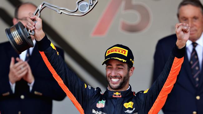Daniel Ricciardo of Australia and Red Bull Racing celebrates fnishing in third position.