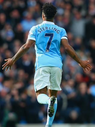 Raheem Sterling of Manchester City celebrates scoring his team's third goal.