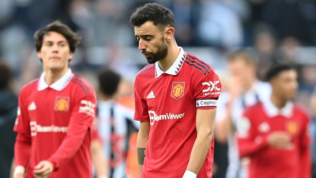 NEWCASTLE UPON TYNE, ENGLAND - APRIL 02: Bruno Fernandes of Manchester United reacts following the Premier League match between Newcastle United and Manchester United at St. James Park on April 02, 2023 in Newcastle upon Tyne, England. (Photo by Michael Regan/Getty Images)