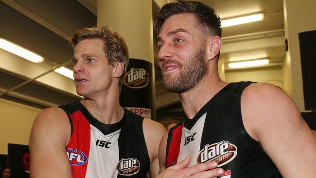 Nick Riewoldt and Sam Fisher in the St Kilda rooms after a win. Picture: Colleen Petch.