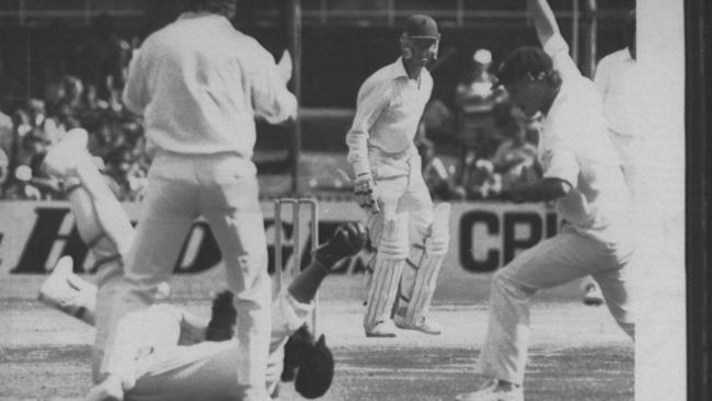 John MacLean lands after taking a great catch at the Gabba on his Test debut.