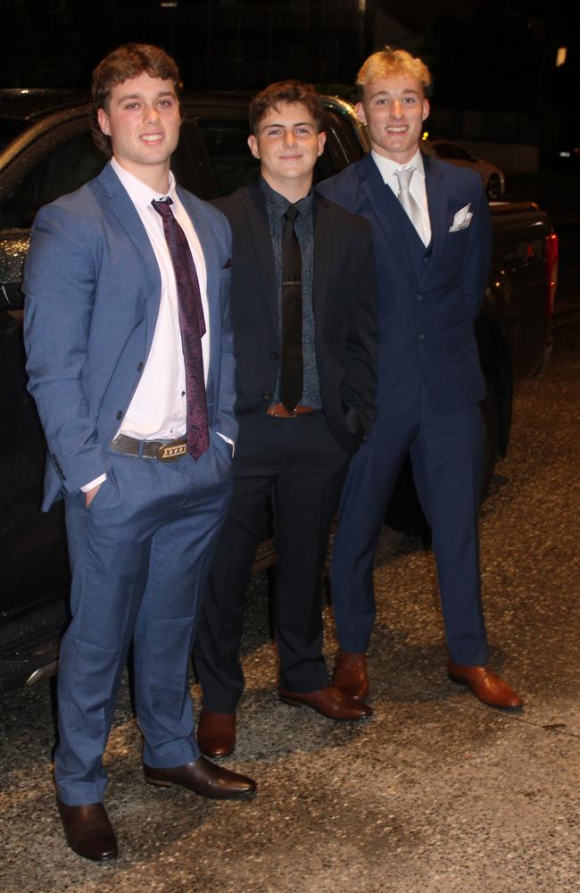 Ethan Sturgess, Callum Fletcher and Max Jones at Siena Catholic College's Benefit Ball Formal at the Maroochy RSL on May 31, 2025. Picture: Sam Turner