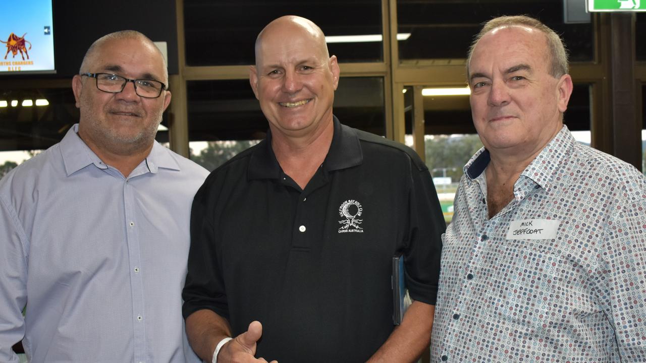 Scott Munns, Shane Vale and Mick Jeffcoat at Norths Chargers' centenary celebrations at the Rockhampton Jockey Club on October 2, 2021.