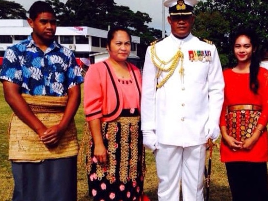 Paula Ulakai (left) with his parents, Viola Ulakai and Captain Sione Ulakai and his sister, Anaseini Ulakai. Paul, 21, says he and his sister Anaseini, 22, have not yet been able to contact their parents in Tonga. Picture: Supplied