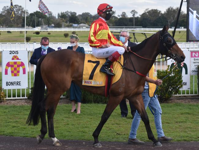 Michael Cahill rode Bjorn Baker trained Parry Sound to third place behind Purrfect Deal in the $200,000 Maclean Hotel Grafton Cup at Clarence River Jockey Club on Thursday, 8th July, 2021. Photo: Bill North / The Daily Examiner