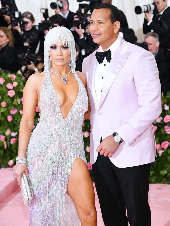 Jennifer Lopez, in Versace, with fiance Alex Rodriguez. Picture: Getty Images