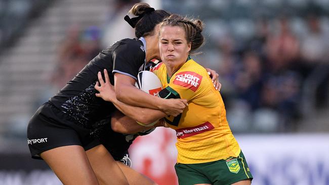 Jillaroos superstar Isabelle Kelly on the charge against New Zealand. Picture: AAP Image/Dan Himbrechts