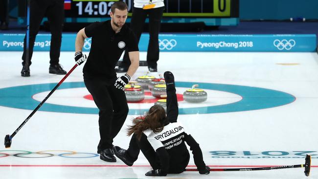 Anastasia Bryzgalova takes a tumble. Picture: Getty