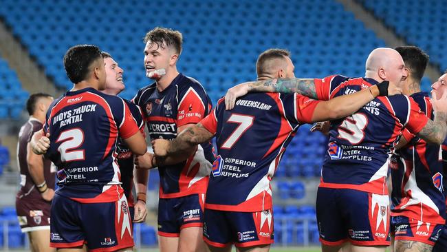 17th October 2020, Runaway Bay celebrates winning the Gold Coast Rugby League A-Grade Grand Final against the Burleigh Bears played at CBus Stadium Photo: Scott Powick Newscorp