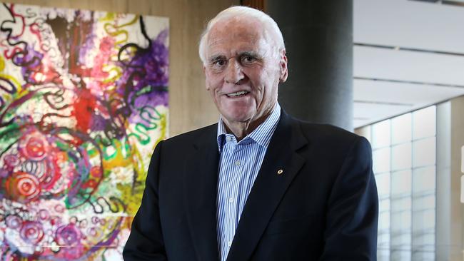 Property developer and philanthropist Lang Walker at his $3.2bn development Parramatta Square, with a large painting by Aboriginal artist Yaritji Young. Story is about Mr Walker and his Walker Family Foundation which has donated $20m to support a science academy for school students at the new Powerhouse Parramatta museum. Mr Walker commissioned Yaritji Young to paint the 6m x 8m painting for the 6 Parramatta Square tower. Jane Dempster/The Australian.