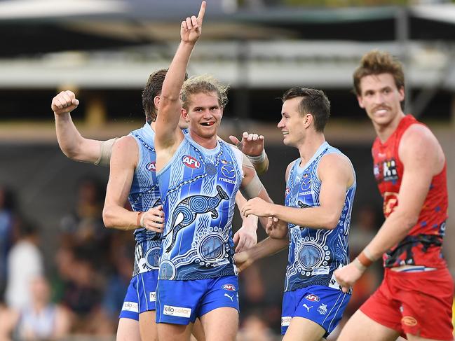 Jed Anderson celebrates a goal for his former club North Melbourne against the Gold Coast Suns in June in Darwin. Picture: Felicity Elliott/AFL Photos via Getty Images.