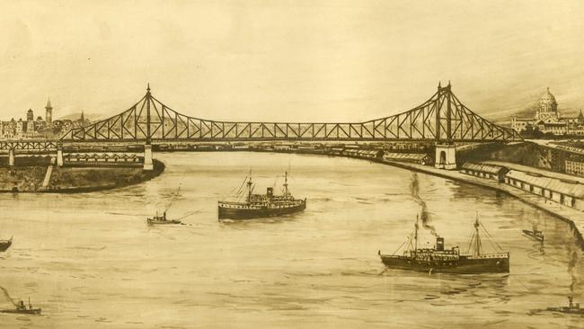 A 1934 design sketch of the Story Bridge. The site of the bridge was recommended by the Brisbane City Council’s Cross River Commission in 1926. It would be built as a public works program during the Great Depression.