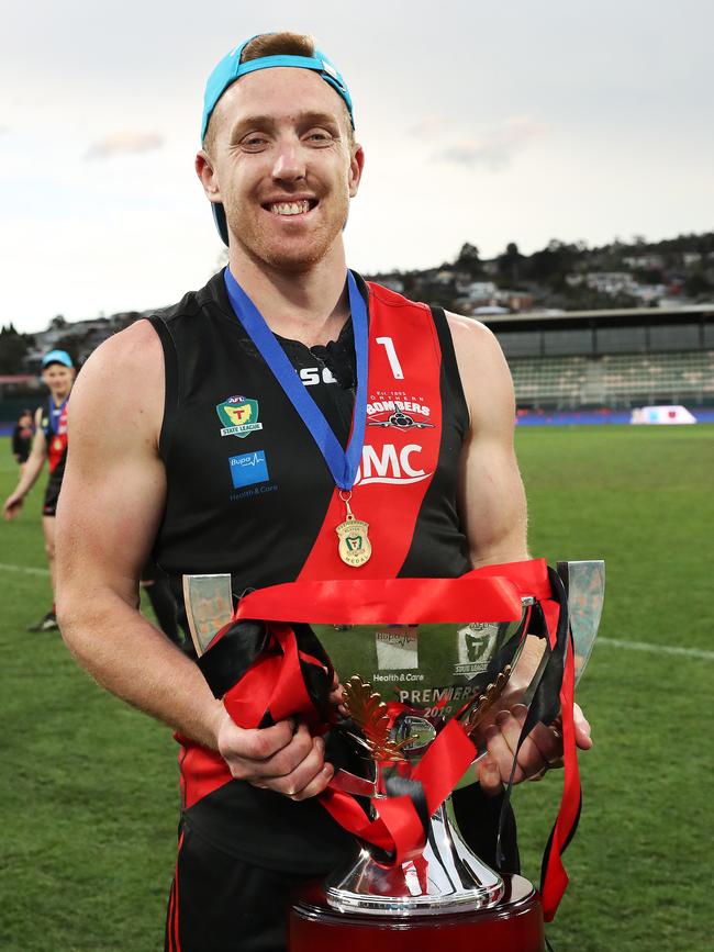 Football. Tasmanian State League grand final 2019. Lauderdale V North Launceston. Brad Cox-Goodyer North Launceston captain with the premiership cup. Picture: NIKKI DAVIS-JONES