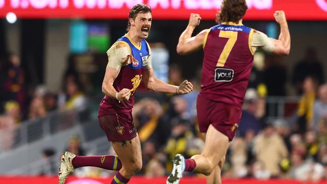 BRISBANE, AUSTRALIA - SEPTEMBER 01: Joe Daniher of the Lions celebrates a goal during the AFL Second Elimination Final match between the Brisbane Lions and the Richmond Tigers at The Gabba on September 01, 2022 in Brisbane, Australia. (Photo by Chris Hyde/AFL Photos/via Getty Images)