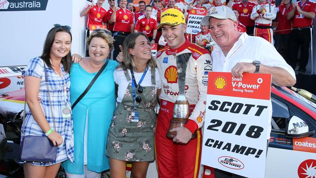 Scott McLaughlin celebrates his 2018 championship with sister Sammy, mum Dianne, fiance Karly and dad Wayne. Picture: Tim Hunter.